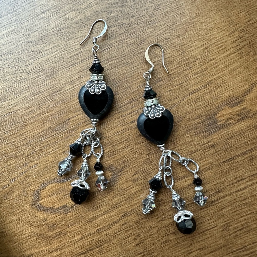 🦋 2/$10 - Earrings - Handmade - Silver/Black - 3 inches long